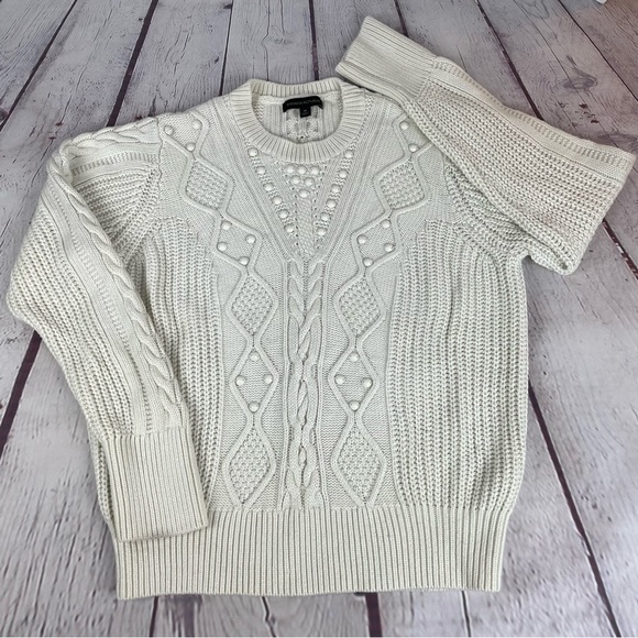Banana Republic Cable Knit Pearl Wool Blend Ski Sweater Size Medium Cream - Picture 12 of 12